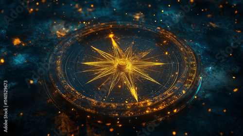 Golden compass in a cosmic scene. Concept of navigation, exploration, and guidance.