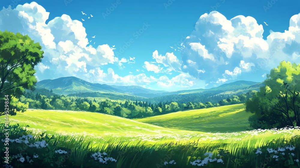 Obraz premium A serene landscape featuring rolling hills, vast green fields, and fluffy clouds under a bright blue sky, perfect for nature lovers.
