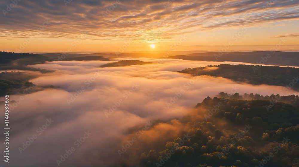 Fototapeta premium A breathtaking sunrise over misty valleys and forests, showcasing nature's beauty.