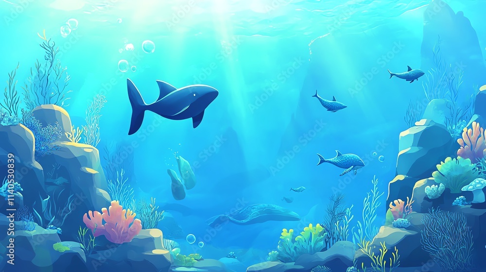 Fototapeta premium A vibrant underwater scene featuring diverse marine life, colorful coral, and illuminated water, depicting a serene ocean environment.