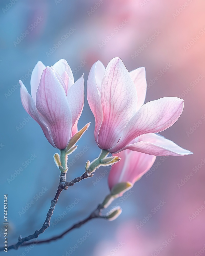 Fototapeta premium Pink Blossoms of Magnolia Flower in Soft Natural Light