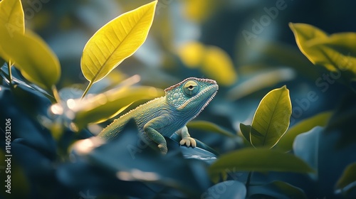 Lizard resting among vibrant green leaves in a tranquil natural setting