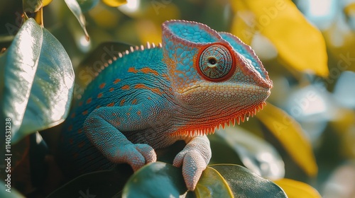 Lizard resting among vibrant green leaves in a tranquil natural setting