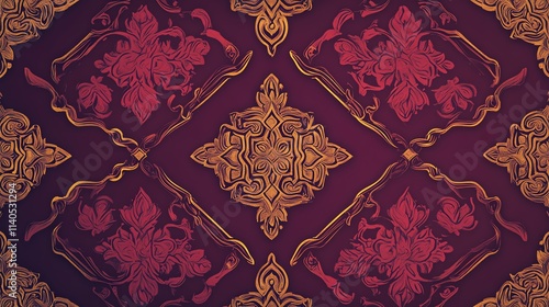 Elegant vintage pattern featuring intricate floral designs in rich red and gold tones, perfect for classy decor and textiles. photo