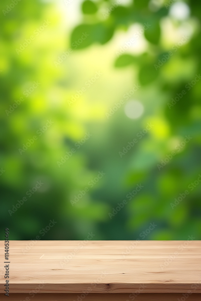 The background features an empty wooden table top against a blurred garden scene with fresh green leaves._00001_ The background features an empty wooden table top against a blurred garden scene with fresh green leaves._00001_