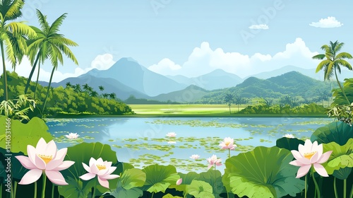 Serene landscape featuring a tranquil lake, blooming lotus flowers, lush greenery, and distant mountains under a clear sky. photo