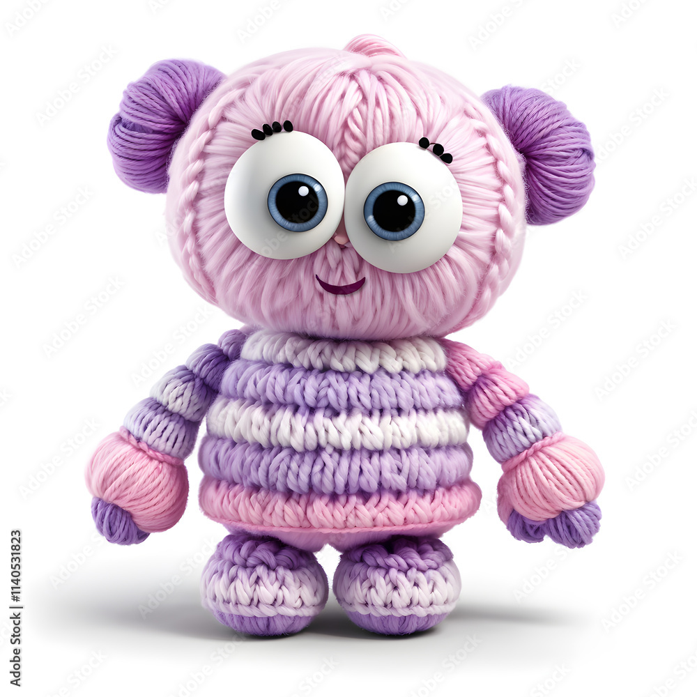 Obraz premium A knitted stuffed toy in the form of a kind fairy-tale character, made of woolen threads in purple tones. White background.