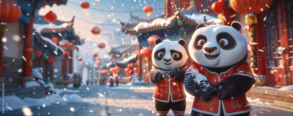 Two pandas in snowy Chinese village. Two pandas in snowy Chinese village.