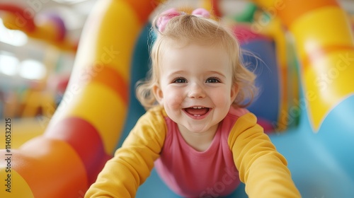 Joyful Toddler Playing in Inflatable Playground
