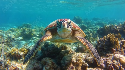Green sea turtle swimming gracefully through vibrant coral reef during daylig...