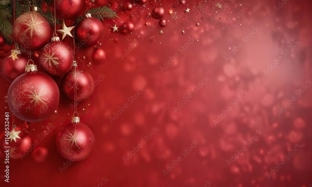 Red background with space for text or logo with Christmas ornaments and glittering stars, shimmering strings, wintry ambiance Red background with space for text or logo with Christmas ornaments and glittering stars, shimmering strings, wintry ambiance
