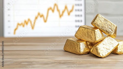 Gold value index concept. Gold bars stacked on a wooden surface with a rising graph in the background.