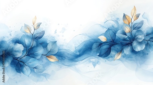 Blue and gold watercolor leaves and flowing fabric design.