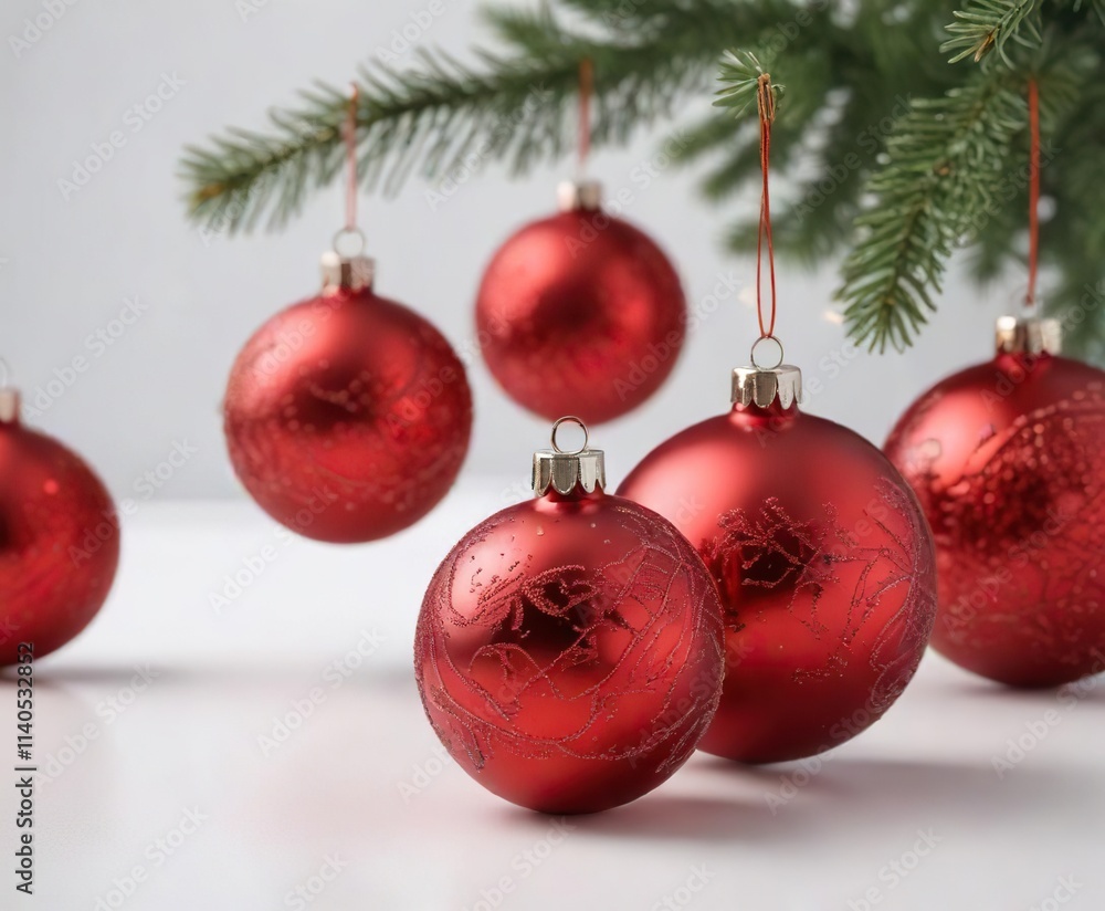 Red Christmas ornaments on a white background, white tablecloth, red flowers in vases Red Christmas ornaments on a white background, white tablecloth, red flowers in vases