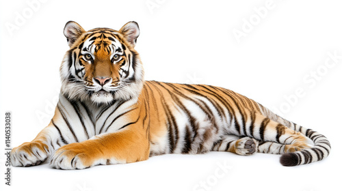 Siberian tiger isolated on white background, aggressive big cat portrait with white black striped, powerful predator in studio shot, dangerous panthera tigris lying down, wild beast strength.