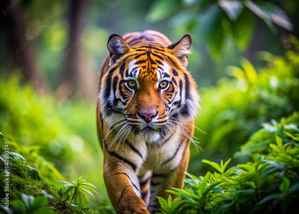 Obraz premium Majestic Tiger Bokeh, Wildlife Photography, Bengal Tiger in Jungle, Blurred Background, Nature Photo, Big Cat, Wild Animal, Bokeh Effect, Tiger Walking