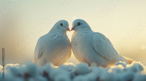 White doves in love. Two love birds against blue sky