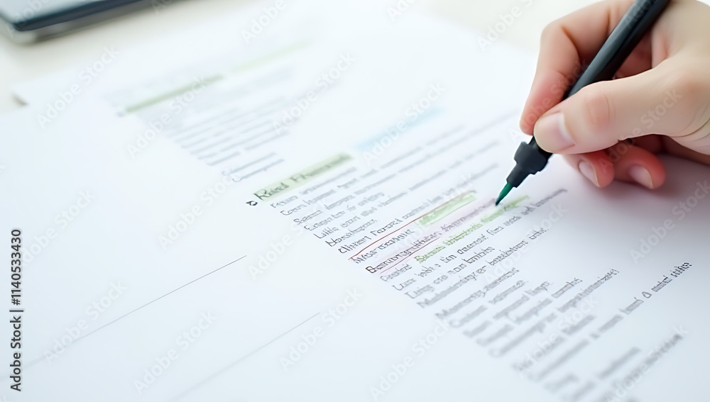Related word data is highlighted with a marker on adjacent papers for effective business strategy and conceptual development ideas._00003_ Related word data is highlighted with a marker on adjacent papers for effective business strategy and conceptual development ideas._00003_