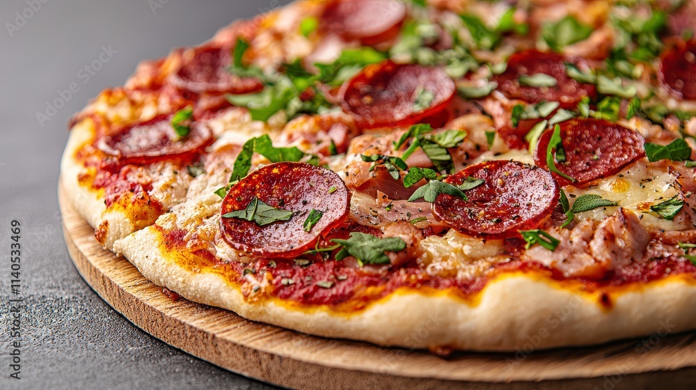 Delicious Pepperoni Pizza with Ham and Basil Garnish Delicious Pepperoni Pizza with Ham and Basil Garnish