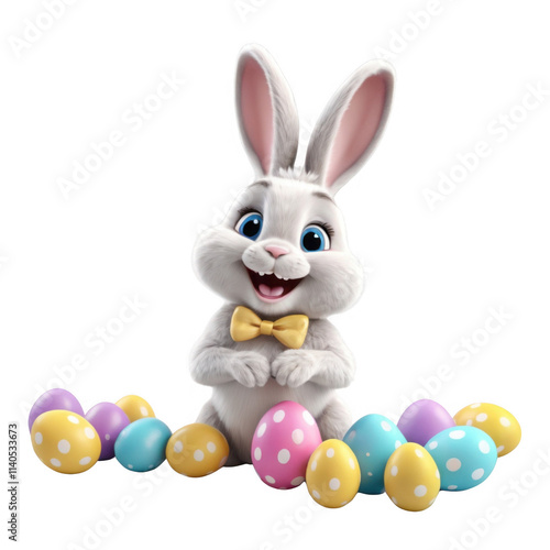 Adorable Cartoon Bunny Holding Easter Egg Surrounded by Colorful Festive Eggs in a Fun and Cheerful Celebration on Transparent Background , AI Generative