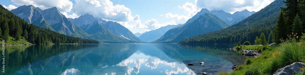 Serene lake nestled among towering mountains in the heart of the Rockies, serene lake, lakeside, mountain landscape Serene lake nestled among towering mountains in the heart of the Rockies, serene lake, lakeside, mountain landscape