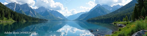 Serene lake nestled among towering mountains in the heart of the Rockies, serene lake, lakeside, mountain landscape