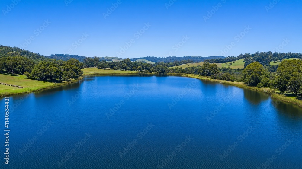 A serene lake surrounded by lush greenery and blue skies, perfect for relaxation and nature appreciation. A serene lake surrounded by lush greenery and blue skies, perfect for relaxation and nature appreciation.