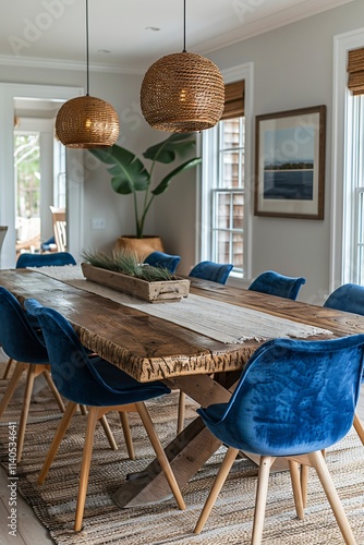 Rustic Farmhouse Dining Room with Blue Velvet Chairs and Woven Pendant Lights