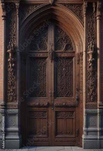 Intricately carved wooden door with Gothic architectural details, wood carvings, stained glass window