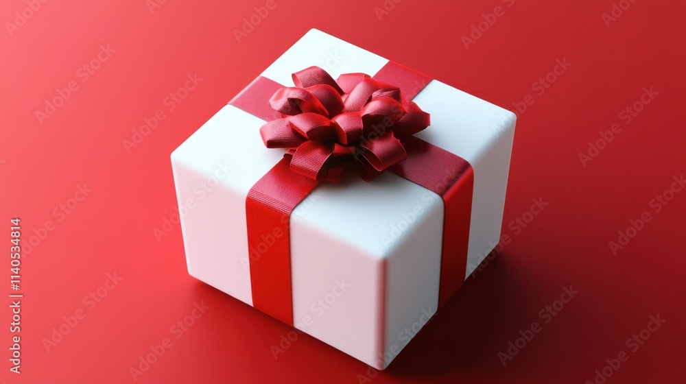 Elegant White Gift Box with Red Ribbon on Vibrant Red Background Elegant White Gift Box with Red Ribbon on Vibrant Red Background