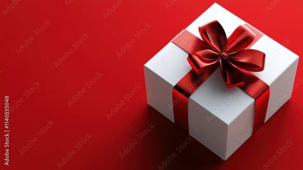 Elegant White Gift Box with Red Ribbon on Bright Red Background Elegant White Gift Box with Red Ribbon on Bright Red Background