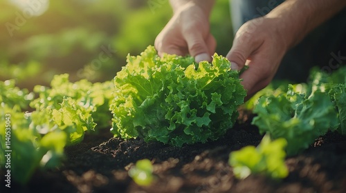 Freshly harvested lettuce held in hands amid vibrant green plants