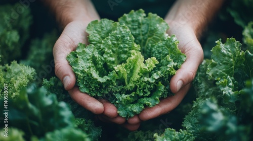 Freshly harvested lettuce held in hands amid vibrant green plants