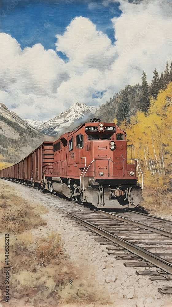 Obraz premium Mountain Railroad Train Illustration