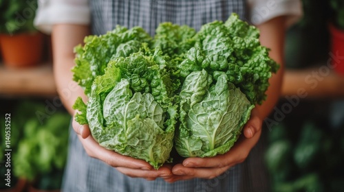 Freshly harvested lettuce held in hands amid vibrant green plants
