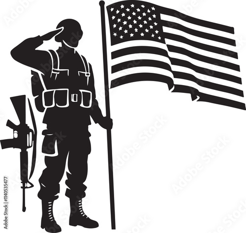 Soldier saluting of the flag silhouette vector illustration design