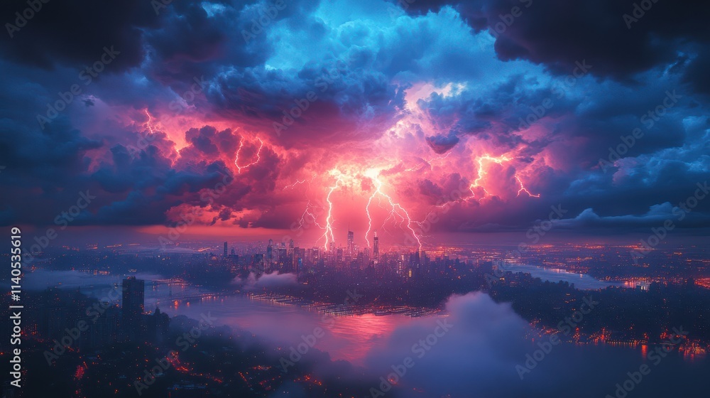 Cityscape with dramatic lightning storm. Cityscape with dramatic lightning storm.