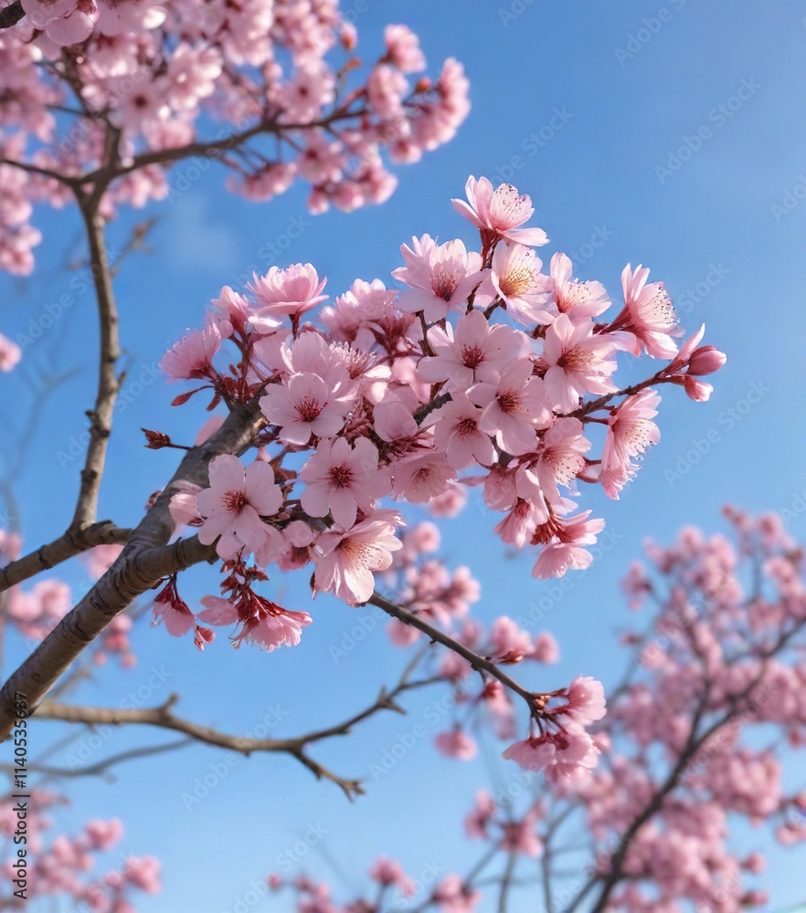 Soft pink blossoms on bare branches against a clear blue sky , blooming trees, residential neighborhood, peaceful atmosphere Soft pink blossoms on bare branches against a clear blue sky , blooming trees, residential neighborhood, peaceful atmosphere