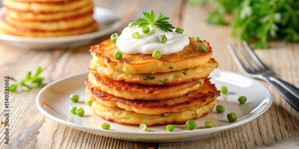 Stack of potato pancakes garnished with sour cream, chives and paprika on a white plate with shallow depth of field