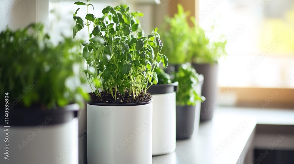 Indoor potted herbs on sunny kitchen window sill Indoor potted herbs on sunny kitchen window sill
