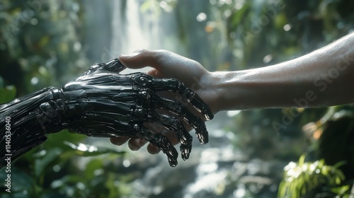 Robotic hand grasps human hand in a futuristic setting showcasing technology ...