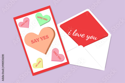 Valentine's Day card with colorful hearts and "Say Yes" message, paired with a white envelope featuring red liner.