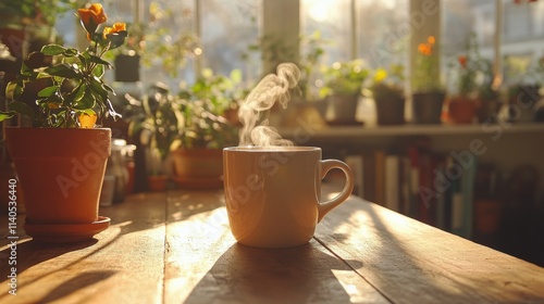 Simple white mug on rustic wooden table against dark background creating a mi...