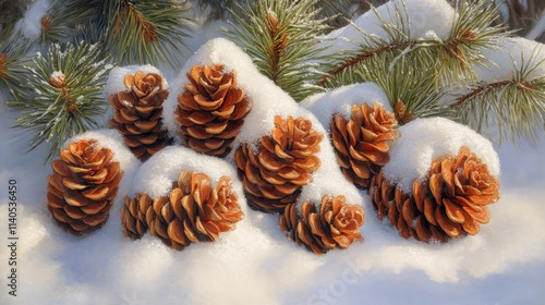 Pine cones covered in snow create a winter wonderland in a serene forest setting