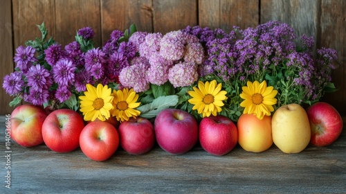 Colorful display of fresh fruits and vibrant flowers arranged on a wooden sur...