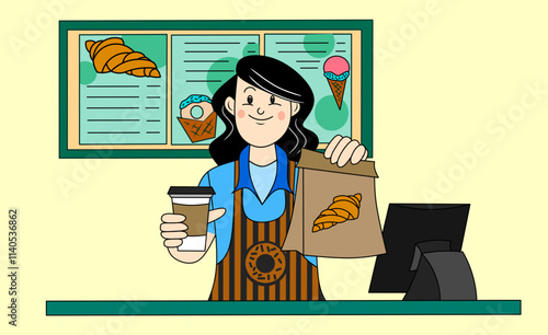 vector illustration of bakery and coffee shop employees carrying customer orders, standing in front of the cashier. With a modern design, as a banner or sales page for bakery products