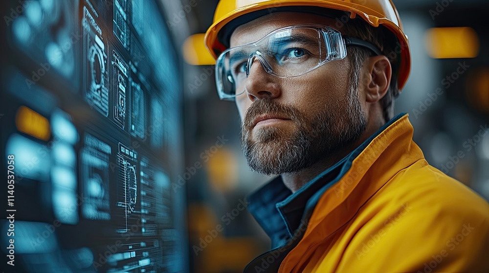 A male engineer in a hard hat and safety glasses looks intently at a digital control panel. A male engineer in a hard hat and safety glasses looks intently at a digital control panel.