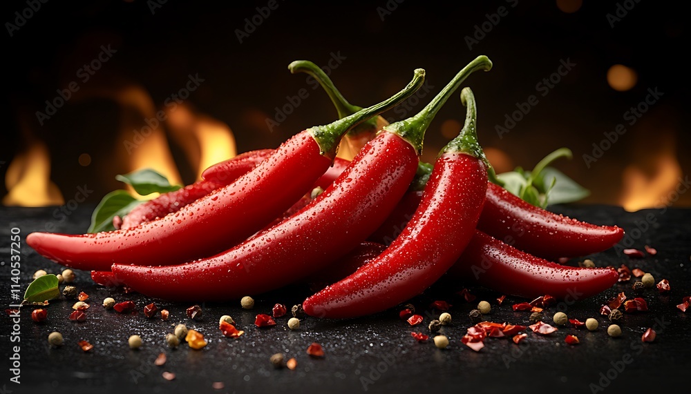Red Chili Peppers With Water Droplets And Spices Red Chili Peppers With Water Droplets And Spices