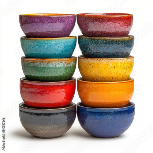 Colorful stacked bowls showcasing a mix of vibrant designs and textures for k...