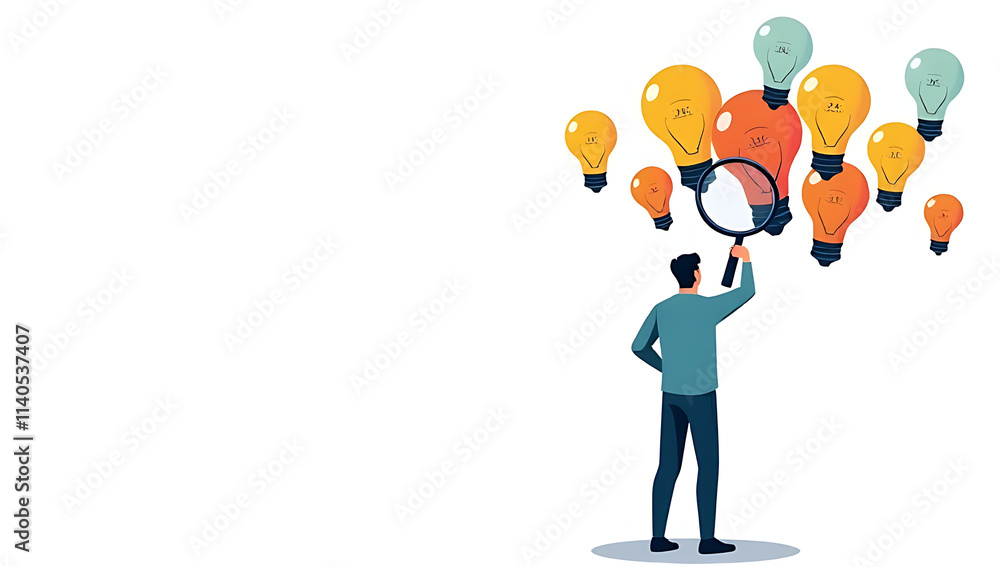 Man uses a magnifying glass to look at a cluster of colorful light bulbs on a white background, symbolizing innovative business ideas._00001_ Man uses a magnifying glass to look at a cluster of colorful light bulbs on a white background, symbolizing innovative business ideas._00001_